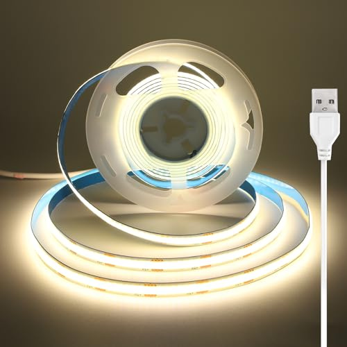 2.5m USB COB LED Strip Lights, 5V Natural White LED Strip with Sticky Back, 8mm Wide, CRI 92+, Flexible LED Tape for Backlight, Ambient Lighting to TV, Mirror, Under Cabinet, Shelf, 4000K