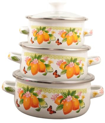 KiBcsLic 3 Stücke Emaille Topf Set mit Griffen Und Deckel Praktischer Kochtopf für Induktion Gasherd Ideal für Suppen Eintöpfe Und Babynahrung, Zitrone