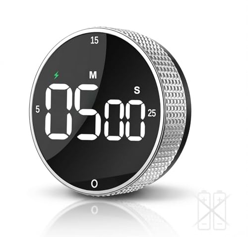 Wiederaufladbarer magnetischer digitaler Küchentimer mit großem LED-Display, lautem Alarm, 3 Voreinstellungen (5/15/25 Min.), 3 Lautstärkestufen – ideal für Küche, Lernen, Fitness & Büro(Silber)