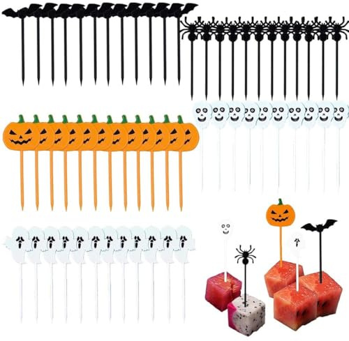 50 adornos de plástico para cupcakes de Halloween, con forma de calavera fantasma, murciélago, calabaza, palillos de fruta, brochetas de cóctel(5 diseños)