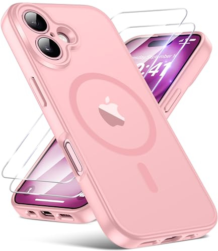 FLLAO Magnetic for iPhone 16 Case with 2 HD Screen Protector, Pink | 2 Tempered Glass, Full Camera Protection, Military-Grade Shockproof, Slim Translucent Matte Hard Back Bumper Phone Cover
