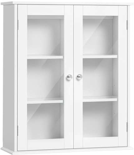 kleankin Badezimmer Wandschrank, Hängeschrank für Badezimmer mit 2 Türen aus gehärtetem Glas und verstellbarem Regal, Hänge-WC-Möbel, 55 x 20 x 65 cm, weiß