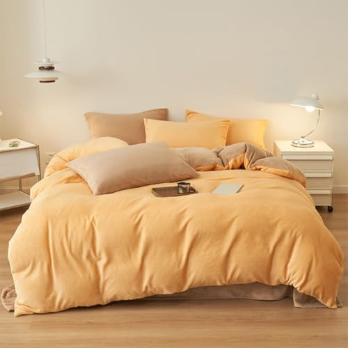 HAIBA Flanell Bettwäsche 220 x 240 cm gelb Khaki Wendebettwäsche plüsch Fleece Bettbezug Cashmere Touch Warme Bettbezüge mit Reißverschluss