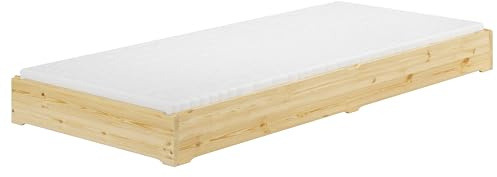 Erst-Holz®Niederflurbett Gästebett 90x200 Kiefer lackiert Bodenbett Stapelbett mit wählbarem Zubehör V-60.69K-09Rollrost und Matratze inkl.