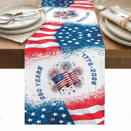 USA 250th Anniversary Table Runner 72 Inches Long Independence Day Firework American Flag Seasonal Kitchen Dining Table Decoration for Home Party Wedding Decor 13x72In