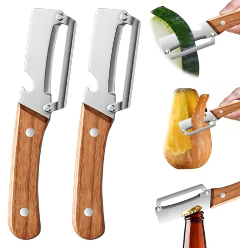 LEGQYJK Éplucheur de Légumes Multifonction, 2 en 1 Éplucheur en acier inoxydable avec manche en Bois, Eplucheur légumes, Eplucheur Multifonctionnel avec Décapsuleur pour Cuisine (2 Pièces)