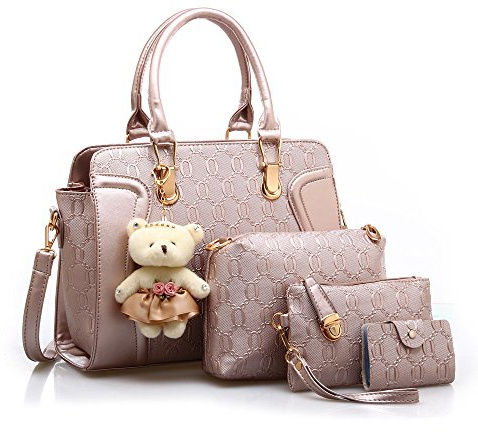 MORGLOVE Women PU Leather Handbag Top Handle bag Messenger Bag Shoulder Bag Tote Bag Card Purse in Gold （4 Pcs Set）