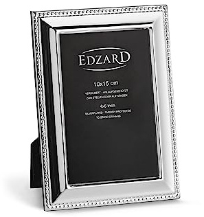 EDZARD Bilderrahmen Perla (Foto 10x15 cm) versilbert anlaufgeschützt | Silberrahmen für Fotos 10x15 cm, mit Perlenrand, Samtrücken, 2 Aufhänger, zum Stellen und Hängen, Fotorahmen