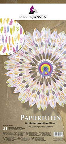 MarpaJansen Papiertüten für Deko-Sterne/Blüten - Bastelset - Butterbrottüten - (10 x 22 cm, 24 Stück) - inkl. Bastelanleitung - Federn