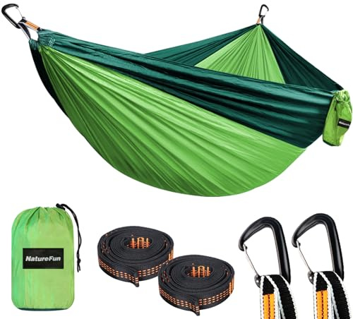 NATUREFUN Ultraleichte Reise Camping Hängematte | 300kg Tragkraft (300 x 200 cm) Atmungsaktiv, Schnelltrocknendes Fallschirm Nylon | 2 x Premium Karabiner, 2 x Nylon-Schlingen Inbegriffen | Draußen