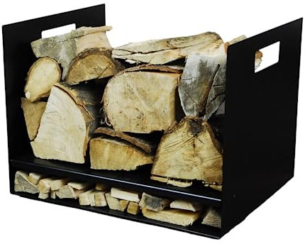 Volcann 40cm Wide Steel Firewood Log Basket with Shelf - Fireplace Wood Holder Metal Handy Rack, Storage for Woodstove, Fireside Accessories (Black, 40x32x30 cm)