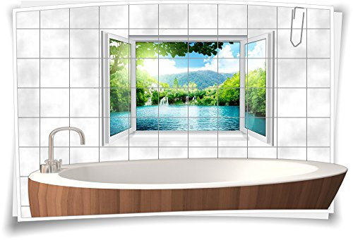 Medianlux Fliesenaufkleber Fliesenbild Fliesen See Wasserfall Insel Aufkleber Bad Deko WC Badezimmer Dekoration, 90x60cm, 20x25cm (BxH)