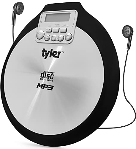 Tyler TDM-01 Portable CD Player - Multi-Function Music Device for Compact Disc, CD-R, CD-RW, CD-MP3 - X-Bass Stereo Sound and Anti-Shock - Pro-Earbuds - Black and Silver Design