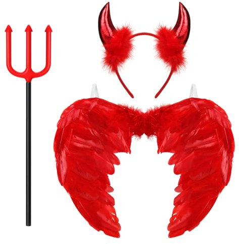 Aurasky Ailes d'ange Rouge, Diable Cornes et Fourche, Deguisement Demon Femme, Halloween Costume Enfant Adulte, Costume de Fête pour Halloween Carnaval Mascarade Cosplay