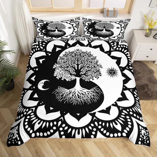 Black and White Comforter Cover King,Bohemian Mandala Bedding Set for Kids Child,Yinyang Duvet Cover Psychedelic Tree of Life Quilt Cover Exotic Medallion Sun and Moon Theme Room Decor