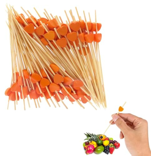 100 Stücke Cocktail Sticks Set, Holz Spieße Cocktailspieße,Fingerfood Partypicker 12 cm, für Party Geschenk Fasching Geburtstag Party, für Grillgut, Fingerfood, Obst-Spieß (Orange)