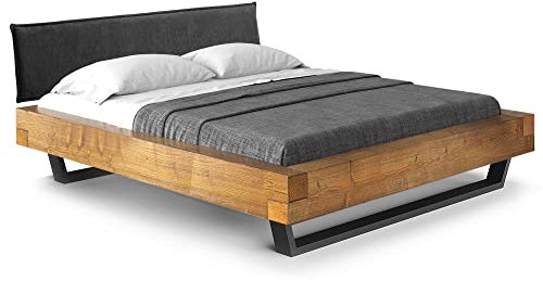 moebel-eins CURBY Balkenbett mit Polster-Kopfteil, Kufenfuß, Material Massivholz, 160 x 220 cm, Vintage, Stoff Anthrazit