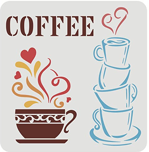 FINGERINSPIRE Kaffeetassen Schablone 30x30cm Wiederverwendbare Kaffee-Zeichenschablone PET Kunststoff Kaffee Malerei Vorlage Bar DIY Dekoration Schablone für Wand, Möbel, Holz und Papier