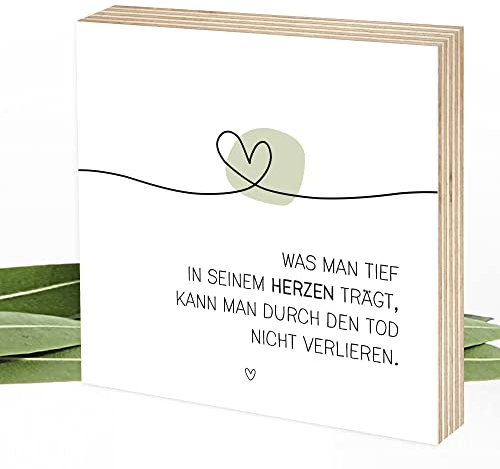Wunderpixel® Holzbild Tief im Herzen - Andenken an Verstorbene - 15x15x2cm zum Hinstellen/Aufhängen, echter Fotodruck mit Spruch auf Holz - Wand-Bild Aufsteller - zur Erinnerung als Trost-spender