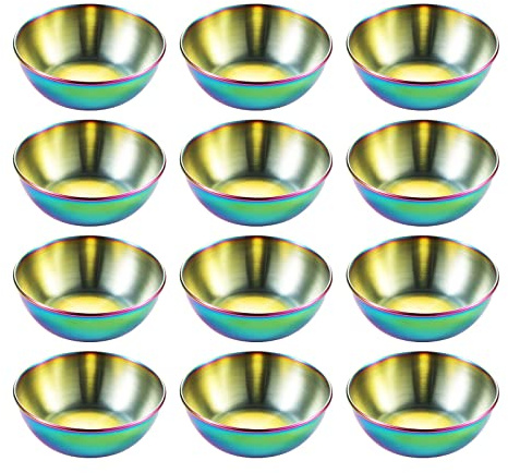 12 Stücke Saucenschälchen Edelstahl Snack Dip Schalen Kleine Schälchen Dipschälchen Set Dipschalen Snackschalen Gewürzschalen Regenbogen Sushi Teller Sauce Schüssel für Tapas Dessert -3.14inch/8cm