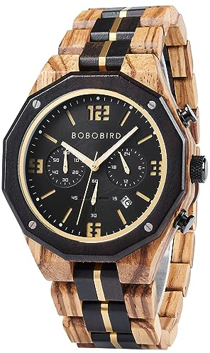 BOBO BIRD Men's Wooden Watch Sport Fashion Wristwatch Casual Chronograph Quartz Watches Men's Wood Stainless Steel Strap Watch with Date Display (Black)