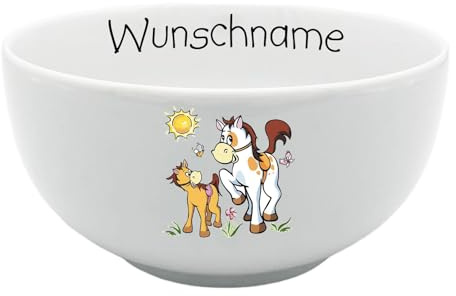 Doriantrade Müslischale Kinder Porridge Schale Porzellan Pferde personalisierbar mit Wunschname Name Kindergeschirr mit Namen personalisiert