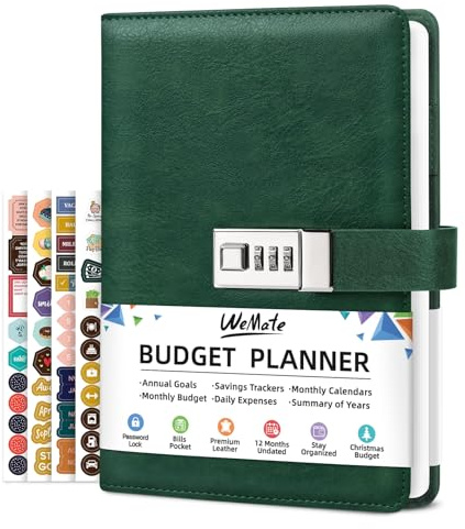 WEMATE Planificateur de Budget Avec Verrou – Livre de Budget Mensuel Avec Carnet de Suivi des Dépenses, Organiseur de Factures, Planificateur Financier et Livres de Comptes 2024, A5,Vert Foncé