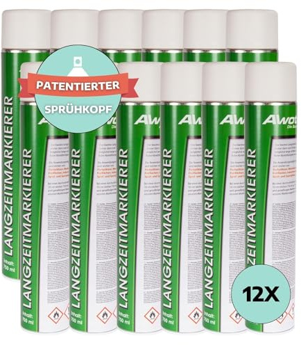 AWOTEX Langzeit-Markierspray Weiß 750 ml I 12 Dosen Sprühfarbe mit hoher Deckkraft & ohne FCKW I Markierungsspray Baustelle schnell trocknend & wetterfest I Sprühfarbe zum Markieren