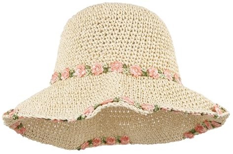Meliyya Damen Strohhut Faltbarer Verstellbar Sommer Stroh Sonnenhut Blumen Strandhut Breite Krempe Sommerhut