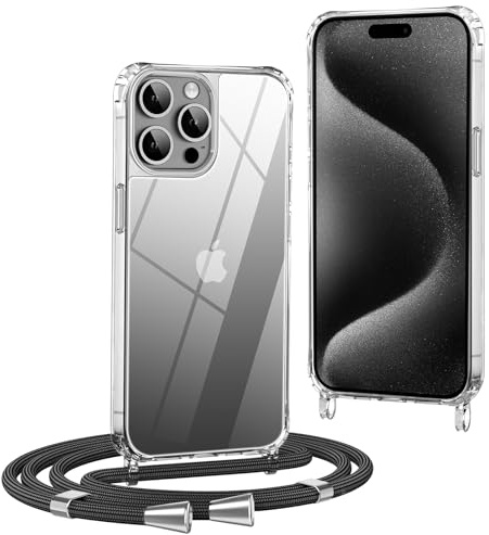 OLEPHY Handykette für iPhone 15 Pro Max Hülle mit Band, Schwarz | Handyhülle mit Verstellbarem und Demontage Umhängeband, Transparent Stoßfeste Hülle zum Umhängen Kordel, (6,7 Zoll)