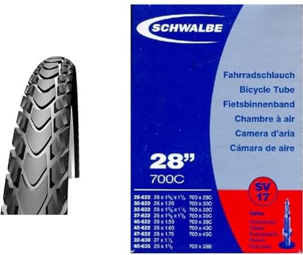 Schwalbe Faltreifen, Schwarz, Marathon MONDIAL Evo, DD, V-Guard, Folding 42-622-SnakeSkin & Unisex – Erwachsene SV40 Fahrradschlauch, schwarz, SV17 40mm 2er Set