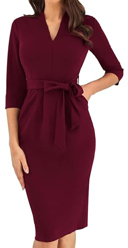 GRACE KARIN Robe Crayon de Cocktail Rétro pour Femme Robe Midi Chic et Élégante avec Ceinture Bordeaux XXL