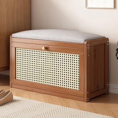 Scarpiera ingresso con seduta panca Legno e rattan, ripiano regolabile, panca seduta Corridoio e camera da letto (Brown, 70*24*44cm)