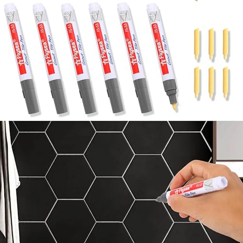 Rotulador para juntas gris, 6 unidades con punta de repuesto, lápiz blanco para juntas de baño, resistente al agua, para azulejos, pared, suelo y cocina