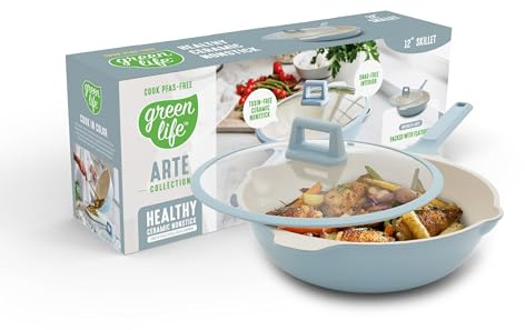 GreenLife Nonstick 12” (5QT) All in One Deep Skillet Wok with Lid, PFAS-Free Non-Toxic Ceramic Multi-Purpose Pan, Induction, All Stovetop, Egg, Stir Fry, Saute, Stay Cool Handle, Blue Haze