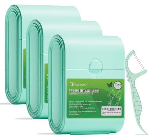 EasyHonor Dental Floss Picks,Twin-Line Mint Flavor Dental Flossers, Dual Action Flossing System, Easy Carry and Pick, 156 Count Floss Sticks in 3 Portable case.(Green, Mint)