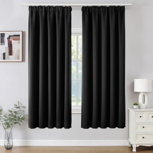 Joydeco Pencil Pleat Blackout Curtains W55 x L69 Inch 2 Panels for Ceiling Track, 85% Light Blocking Black Curtains 175cm Drop with Rod Pocekt for Bedroom Living Room (No Hooks)