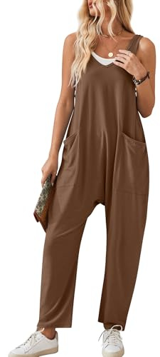 Panegy Salopette donna in cotone senza maniche a gamba larga in maglia Salopette casual allentata con tasche a gamba larga Tute estive in lino marrone S