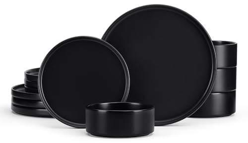E-far Stoneware Dinnerware Sets, 12-Piece Plates and Bowls Dish Set for 4, Kitchen Modern Dinning Ware, Chip and Scratch Resistant, Microwave & Dishwasher Safe, Matte Black