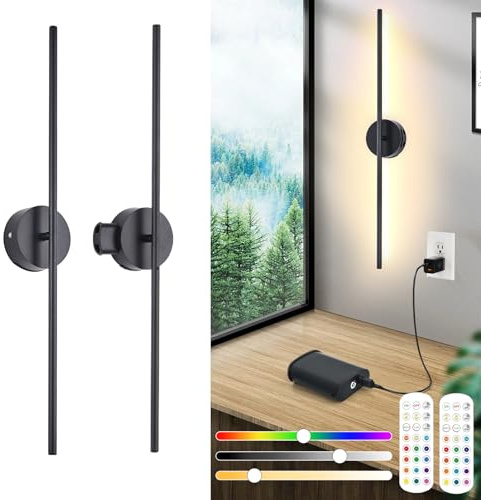 Akku Wandleuchte Innen Mit Fernbedienung ＆Touch Schalter, 8000mah Abnehmbare Batterie, USB Aufladbare LED Wandlampe Ohne Stromanschluss, dimmbare, 15 Farben, 3 Timer, Drehbar, 2 Stück, Schwarz, 80CM