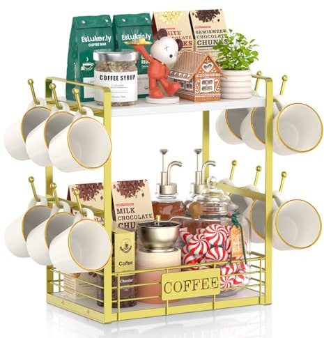EsLuker.ly 2 Etagen Tassenhalter Stand für Arbeitsplatte, 12 Haken Tassenregal Wand mit Aufbewahrungskorb, Metall Holz Tassenständer Tassen Organizer für Kaffeebar Küche, Weiß-Gold