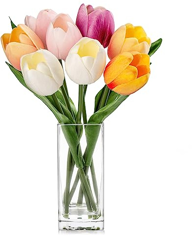 Hollyone 8PCS Artificial Tulips with Glass Vase Realistic Fake Flowers, Real Touch Mixed Colour Faux Flowers in Vase for Home, Living Room, Wedding, Centerpiece, Office, Party Decorations