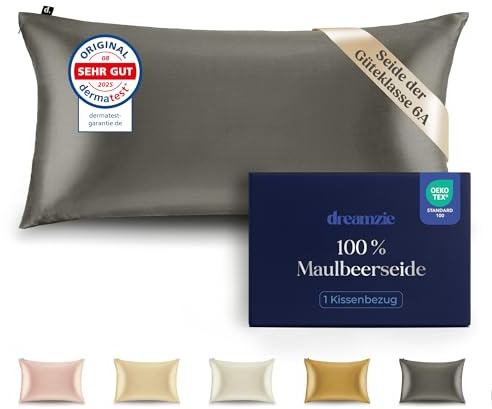 Dreamzie Seidenkissenbezug 100% Silk Pillowcase 22 Momme Güteklasse 6A - Oeko-Tex Zert. für Haar und Haut - 1 Stück - Dunkelgrau - 40 x 80 cm