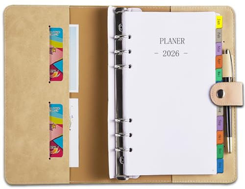 Kalender 2026 Personal A6 Ringbuch Nachfüllbar, Wochenplaner/Terminplaner 1 Woche 2 Seite mit Tabs, Passwort Notizen Kontakt, Stiftschlaufe, Softcover, Taschenkalender Klein Planer, Jan-Dez, Deutsch