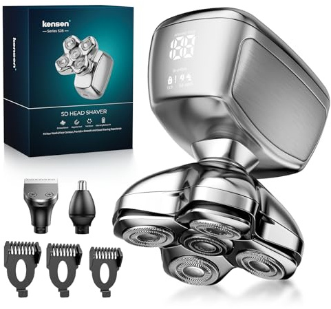 Kensen Rasoio testa uomo 3 in 1, IPX6 impermeabile macchina da barba testa per calvo con testine magnetiche 5D, tagliacapelli e naso, rasatura a secco e umido, ricarica USB-C