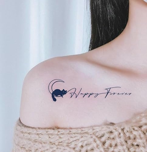 Tatouage Ephemere Chat Lune Lettres Anglaises Imperméables Femme Deux Semaines Semi Permanents Jus De Fruits Autocollants Masculins Faux Tatouagetatouages Temporaires