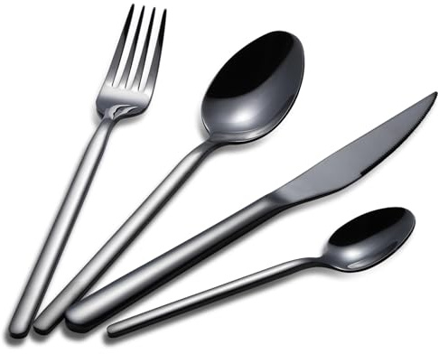 24 Pezzi di Posate per 6 Persone, Set di stoviglie in Acciaio Inossidabile, Gioventù Lucida, Giovani con Coltelli, Forchette e Cucchiai (Nero)