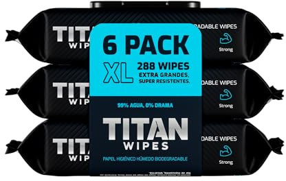 TITAN WIPES Papel Higiénico Húmedo Biodegradable EXTRA Grande y Resistente – 6pack 288 Toallitas Humedas XL 18×18 cm, 99% Agua, Aloe & Vitamina E, 0% Alcohol, Resistentes y Desechables por el WC