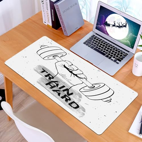 KDWJS Gaming Mauspad XXL 90x40cm Mousepad Groß Vernähte Kanten Anti-Rutsch für PC,Fitness, Hand hält eine Hantel Grunge Sketch Get Strong Train Harte I,Laptop Verbessert Präzision und Geschwindigkeit