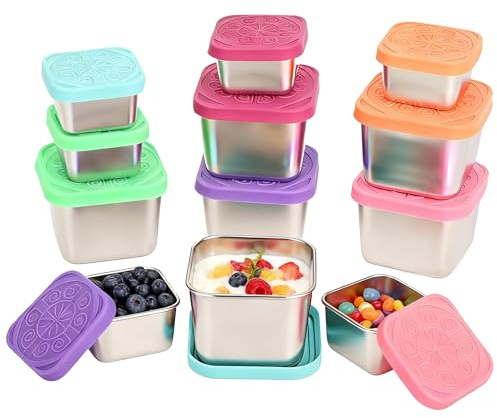 12Pcs Small Food Containers with Silicone Lids, Stainless Steel Lunch Boxes | Salad Dressing Containers, Leakproof Condiment Pots, 8oz Snack Boxes, 2oz Sauce Pots, Kitchen Food Storage Organiser